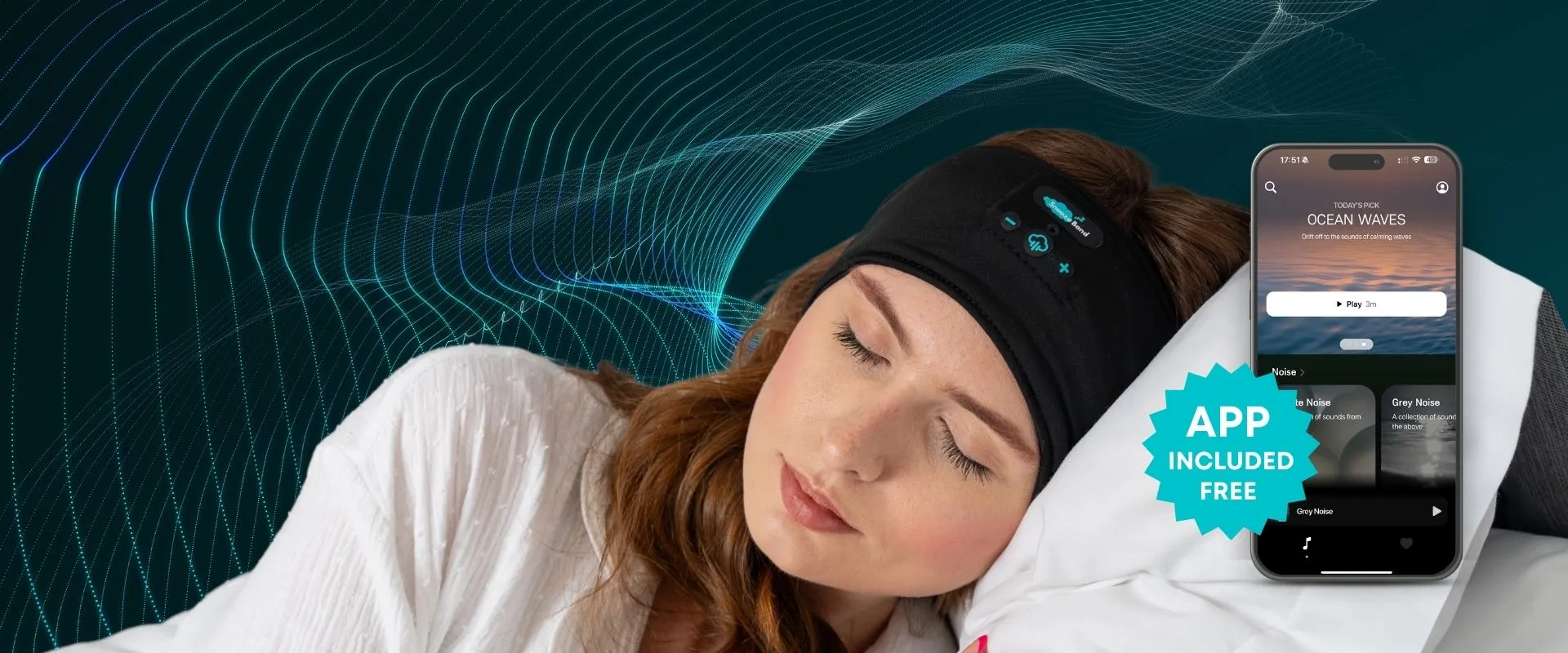 Woman asleep wearing a SnoozeBand with the Snooze app on her phone